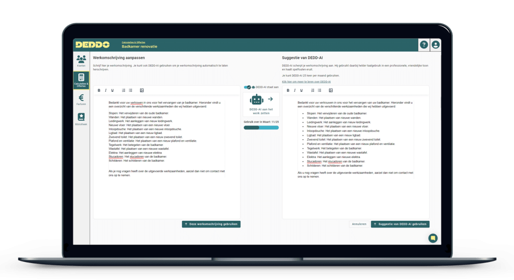 AI schrijftool werkomschrijving maken in DEDDO op desktop