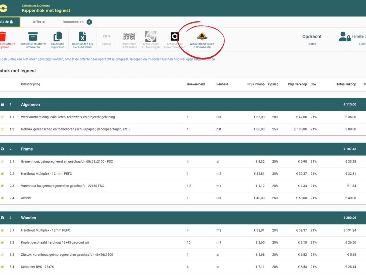 Screenshot artikelen bestellen bij Bouwbestel knop in DEDDO bij calculatie