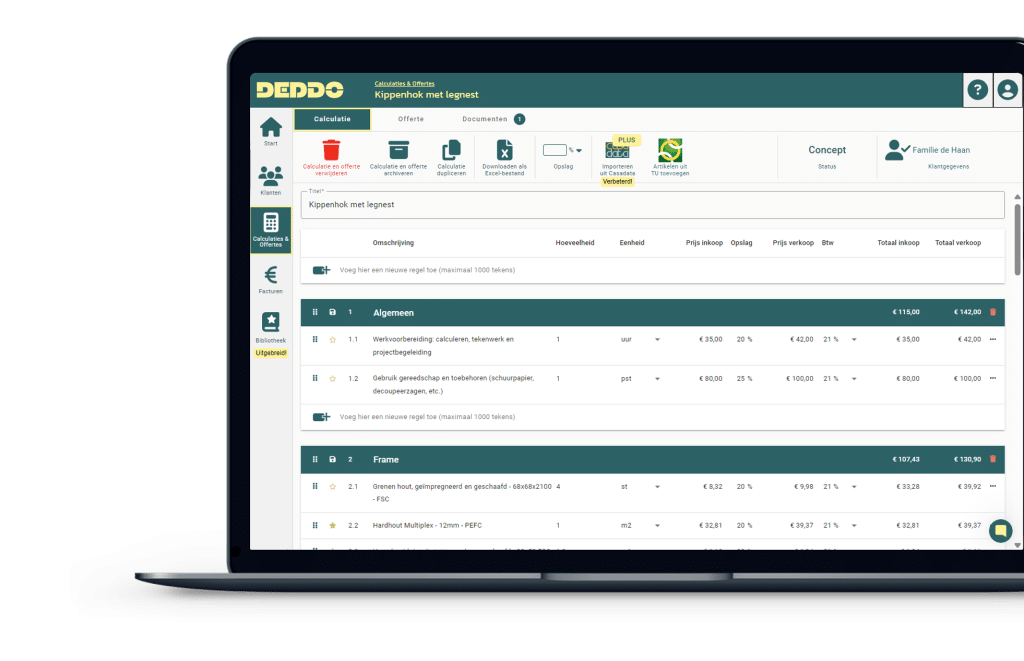 Laptop met calculatie in beeld aannemer software DEDDO