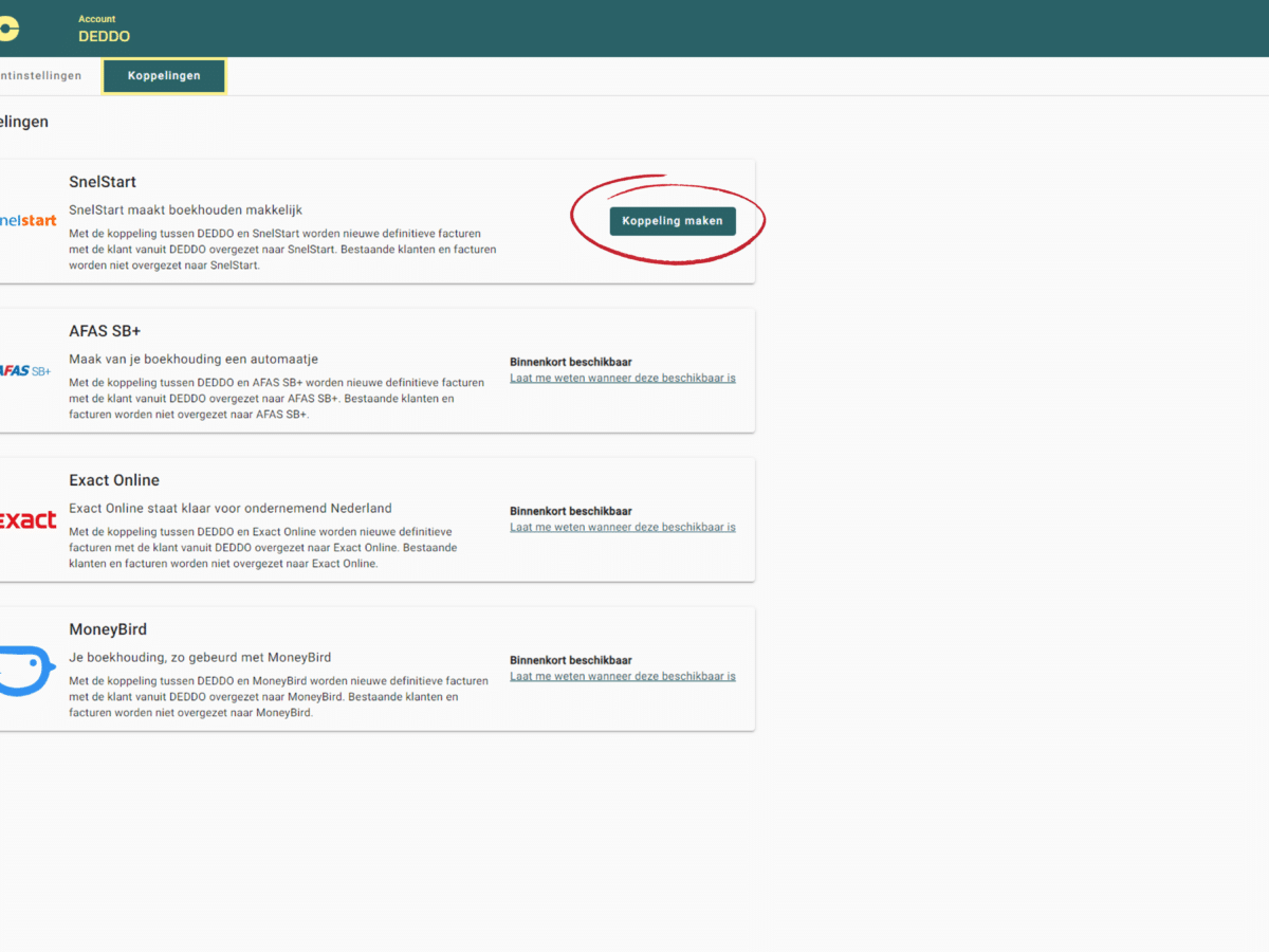 SnelStart koppelen met DEDDO software screenshot