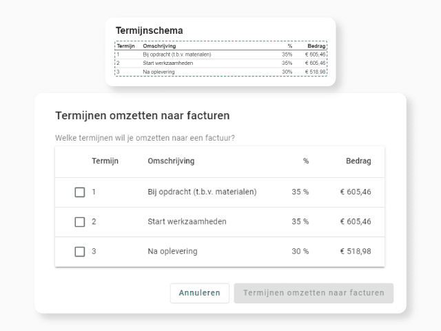 Termijnschema omzetten naar termijn facturen