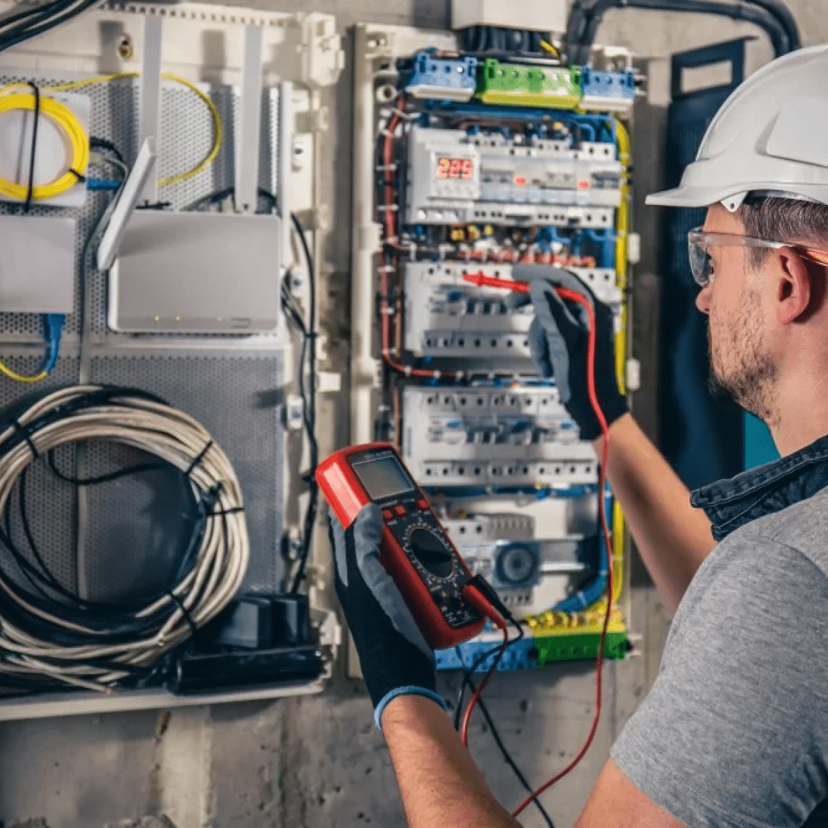 Een elektricien is aan het werk