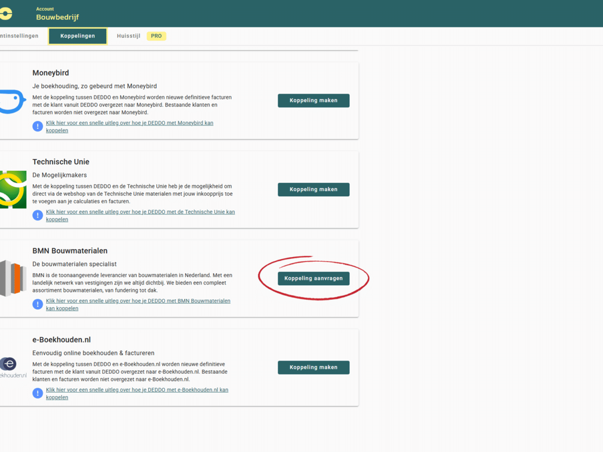 Screenshot BMN koppelen met software DEDDO
