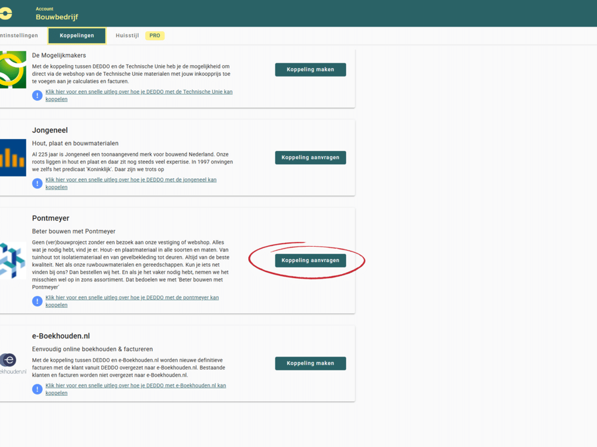 Screenshot PontMeyer koppelen met software DEDDO