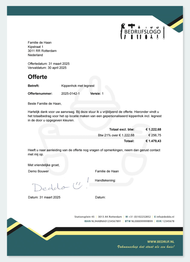 Voorbeeld complete bouwofferte DEDDO met eigen huisstijl toegepast