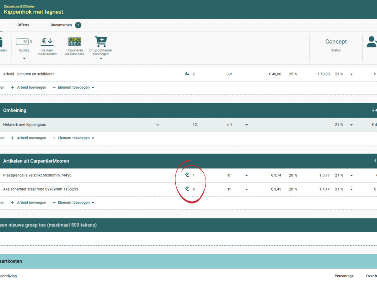 Screenshot CarpentierMooren artikelen importeren in calculatie DEDDO