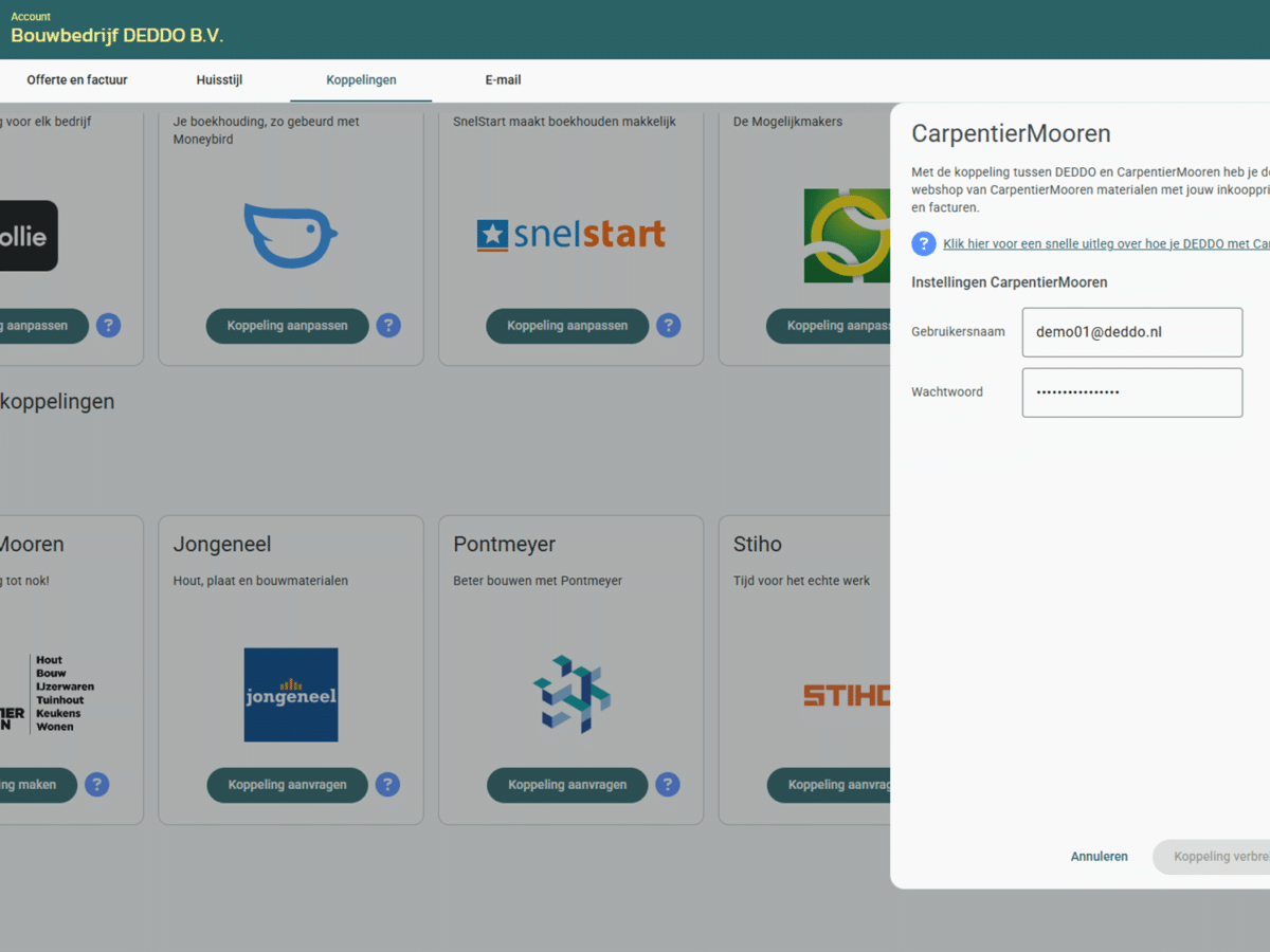 Screenshot Bouwgroothandel CarpentierMooren koppelen aan software DEDDO