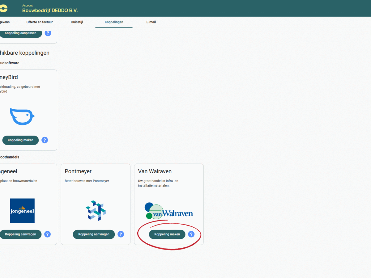 Screenshot Van Walraven koppelen met software DEDDO