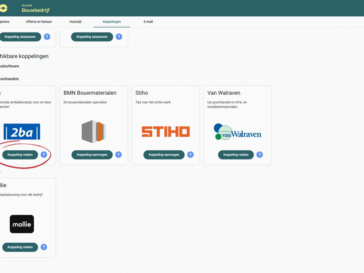 Screenshot 2ba koppelen met software DEDDO