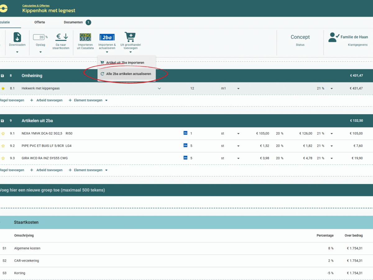 Prijzen artikelen uit 2ba actualiseren