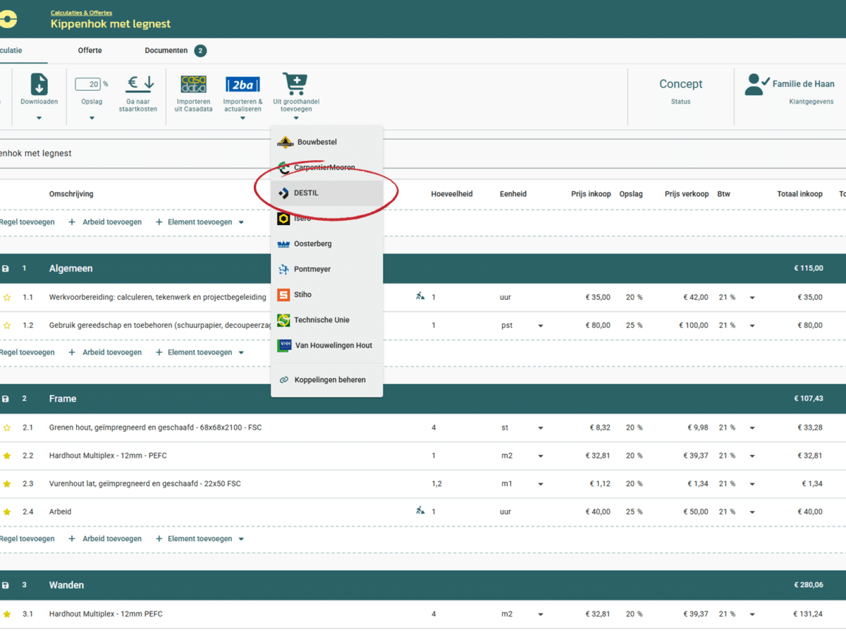 Screenshot Artikelen importeren van DESTIL in je calculatie in DEDDO