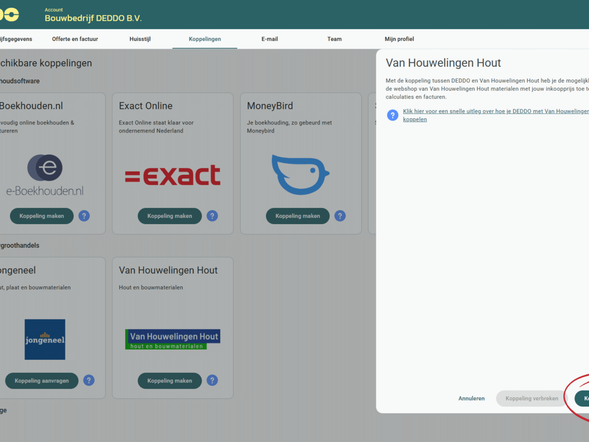Screenshot Van Houwelingen Hout koppelen met DEDDO