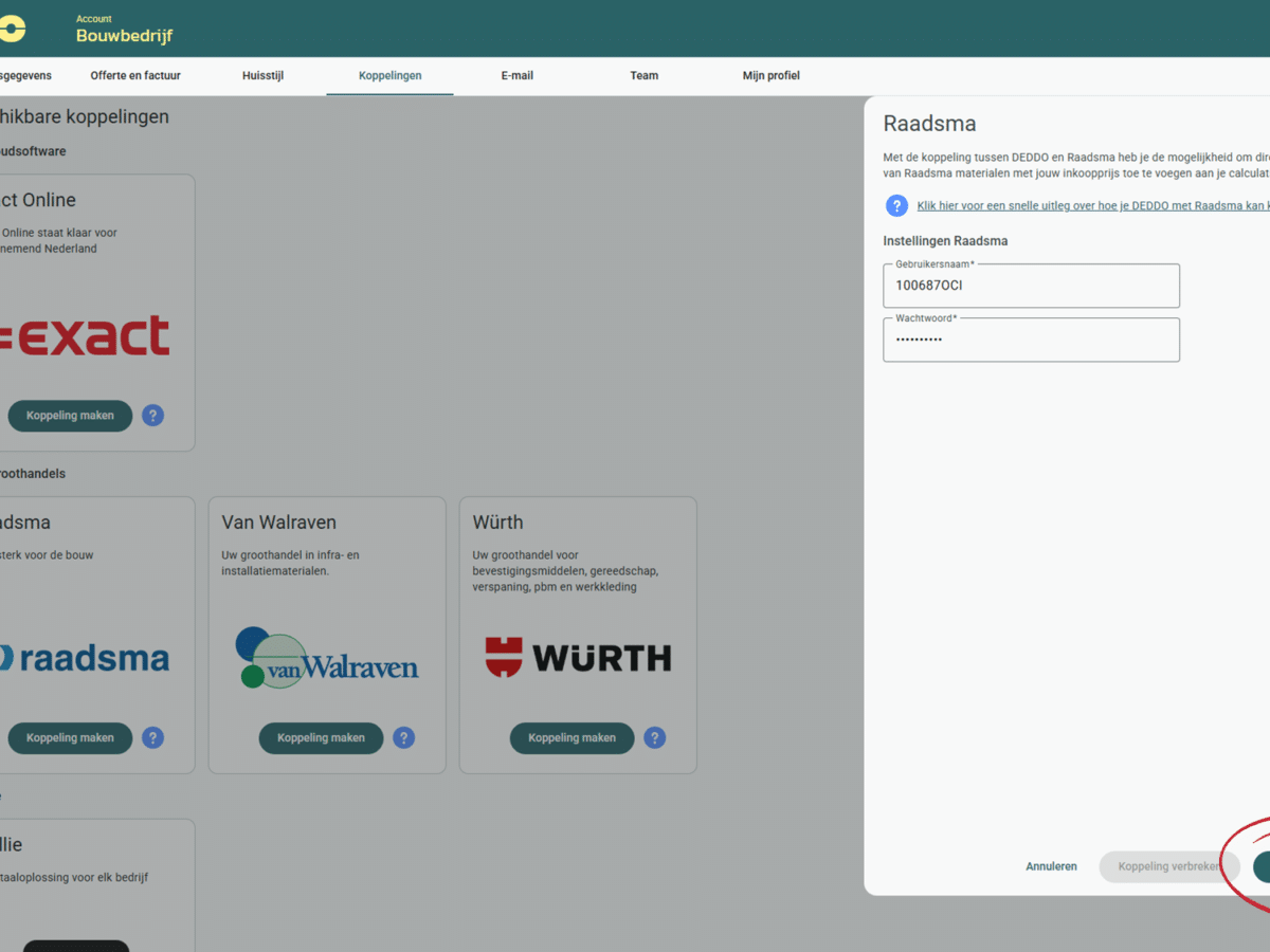 Screenshot koppeling maken met Groothandel Raadsma in DEDDO