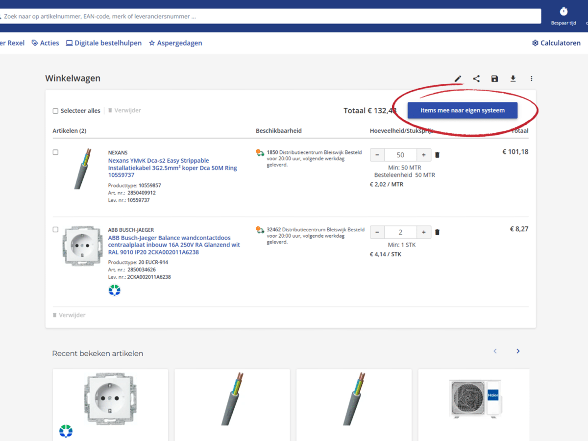 Screenshot artikelen importeren van groothandel Rexel in je calculatie in DEDDO