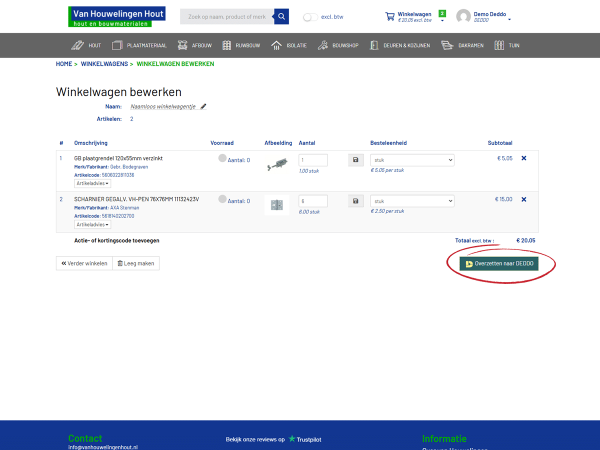 Screenshot artikelen importeren van Houwelingen Hout Winkelwagen in calculatie DEDDO