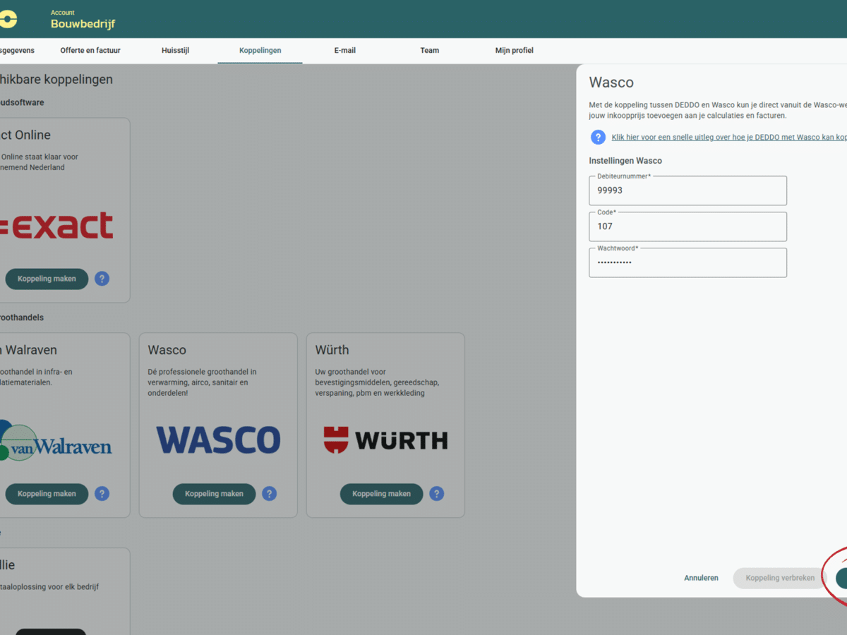 Screenshot koppeling maken met Groothandel Wasco in DEDDO