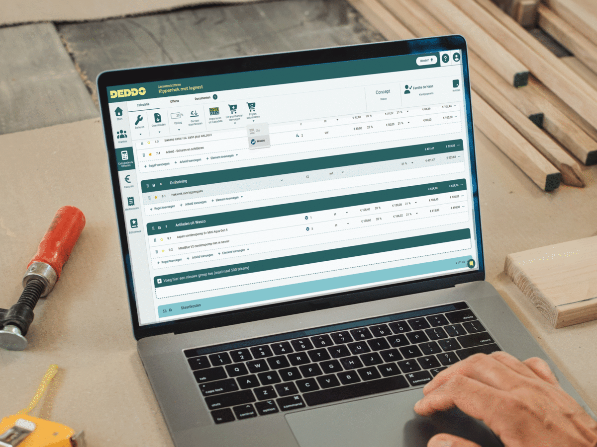 Wasco prijzen updaten in DEDDO calculatie op beeldscherm laptop