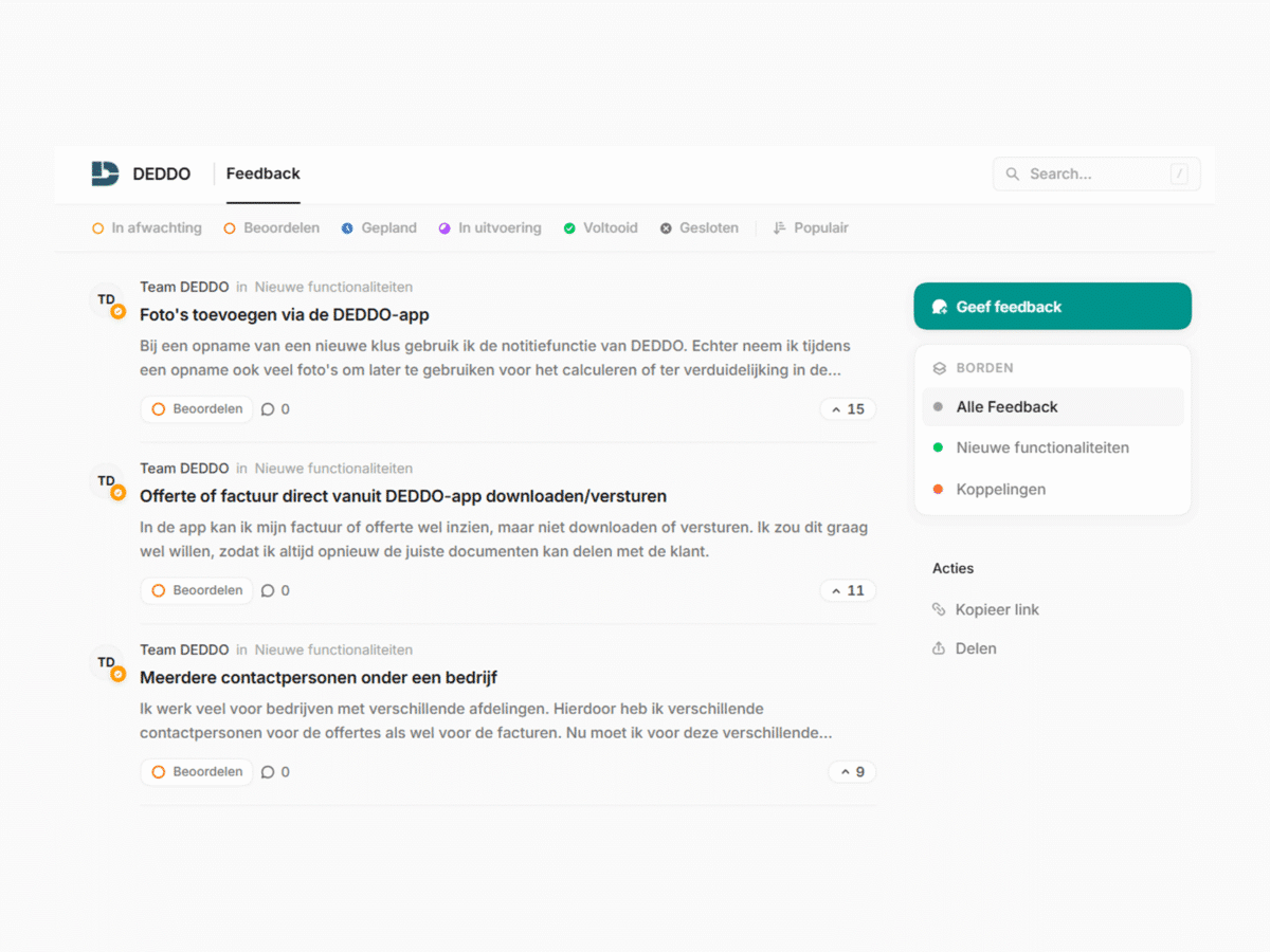 Lijst ideeen functie deddo screenshot