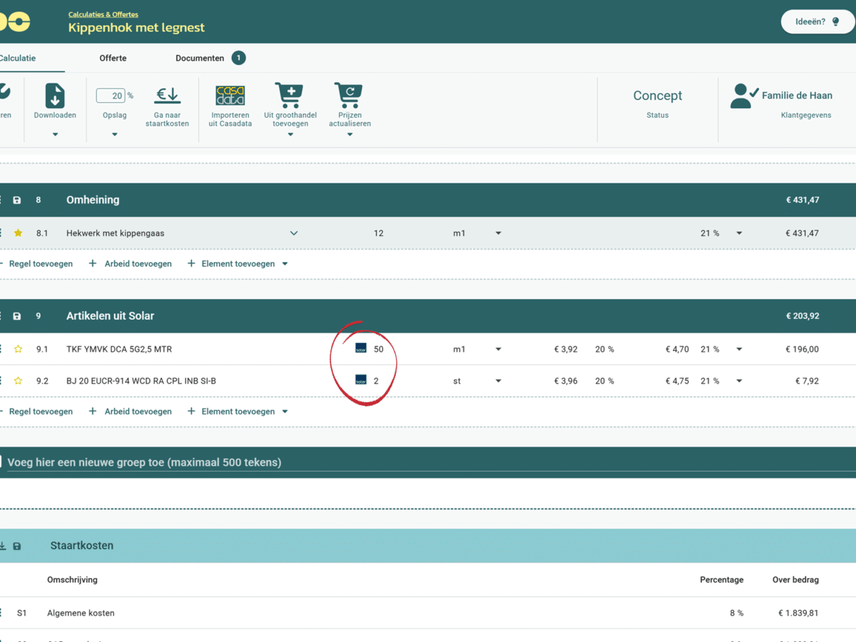 Screenshot Solar artikelen en prijzen importeren in calculatie in DEDDO