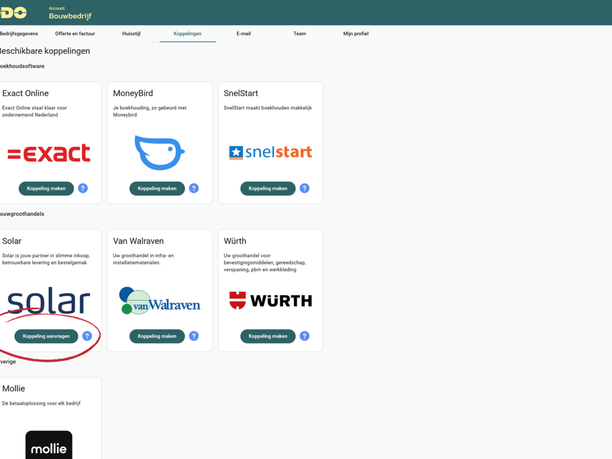Voorbeeld Solar koppeling maken in DEDDO op beeldscherm screenshot