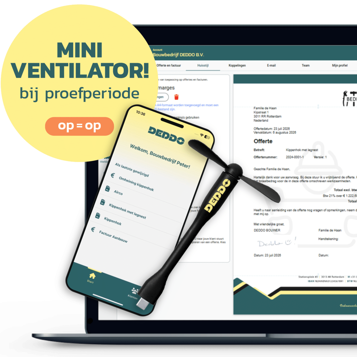 Mini ventilator bij proefperiode DEDDO in beeld met software zichtbaar op laptop en mobiel